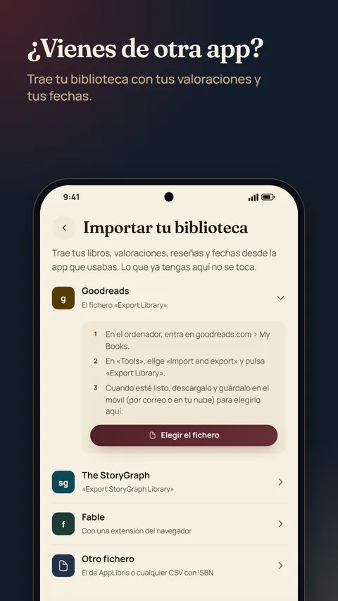 Importar tu biblioteca desde Goodreads, The StoryGraph o Fable