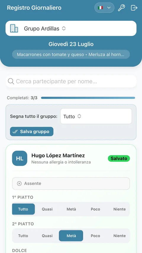 Registro dell'assistente: l'intero gruppo in una schermata