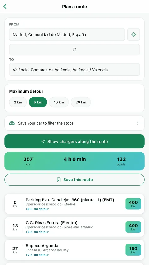 Madrid–Valencia route planner with charging stops