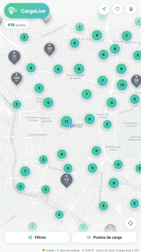 Mapa de puntos de carga en Madrid