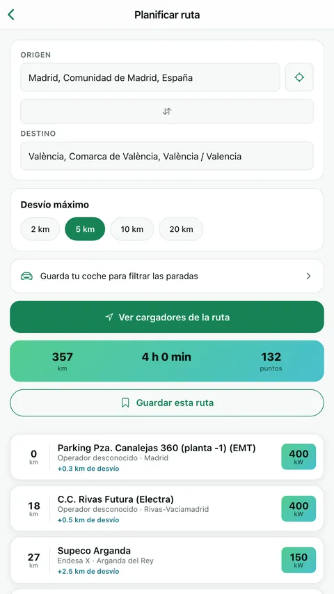 Planificador de ruta Madrid–Valencia con paradas de carga