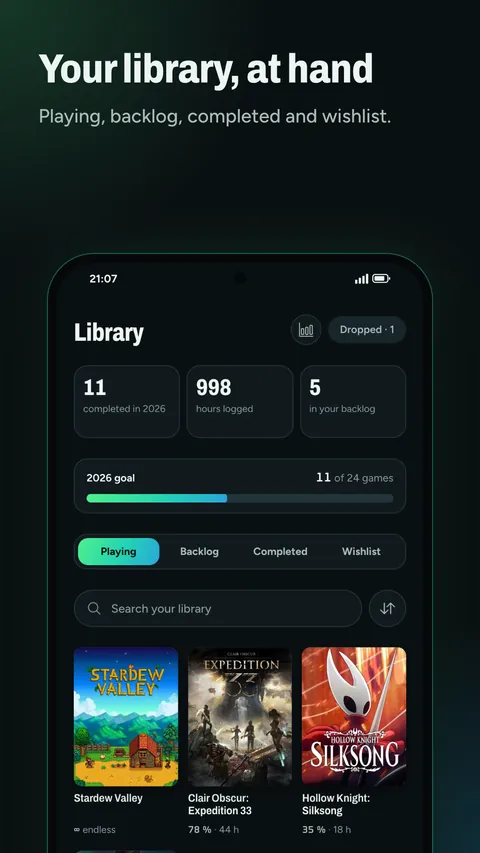 Your library: playing, backlog, completed and wishlist