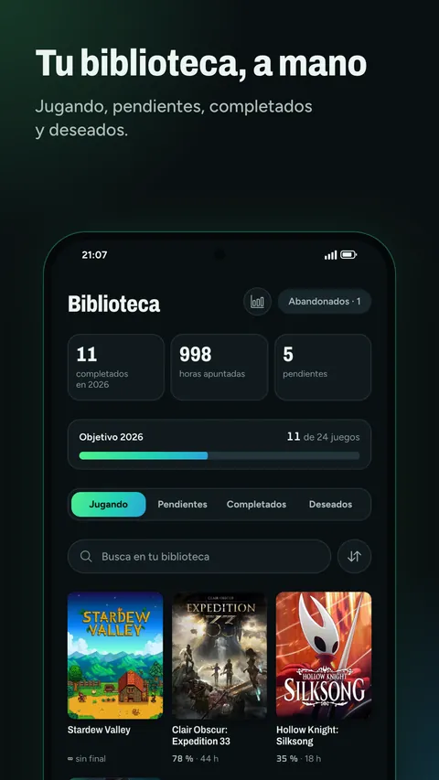 Tu biblioteca: jugando, pendientes, completados y deseados