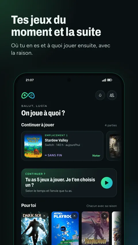 Accueil : à quoi jouer, ce que vous jouez et des recommandations