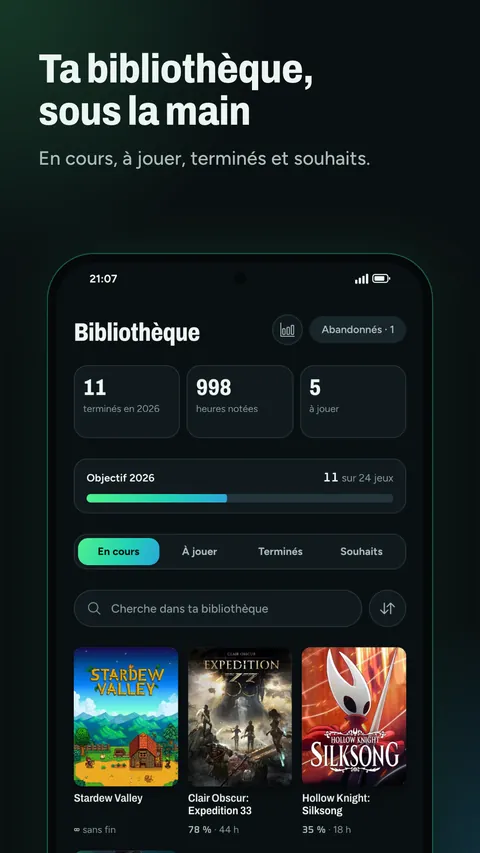 Votre bibliothèque : en cours, à jouer, terminés et souhaités