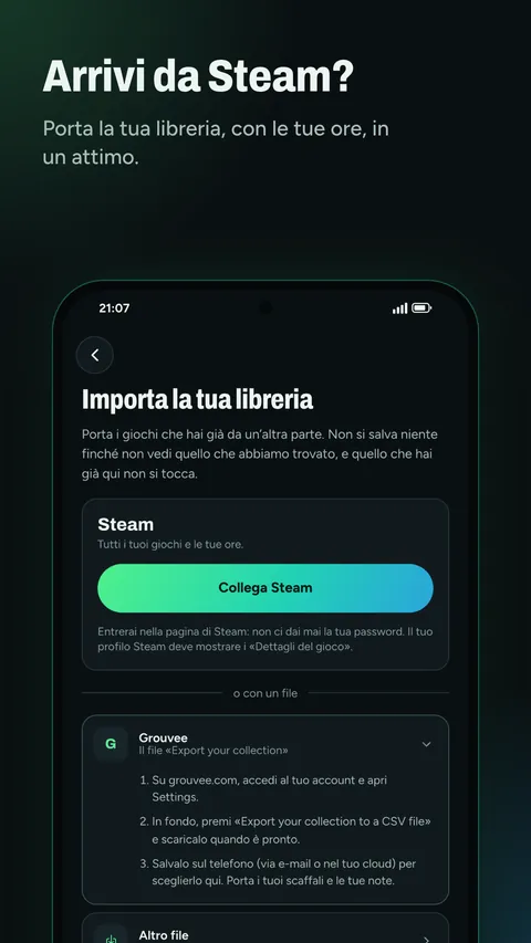 Importare la libreria da Steam o da altre app