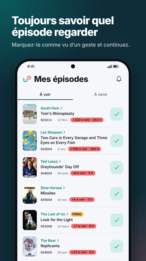 Mes épisodes : le prochain épisode de chaque série, prêt à cocher
