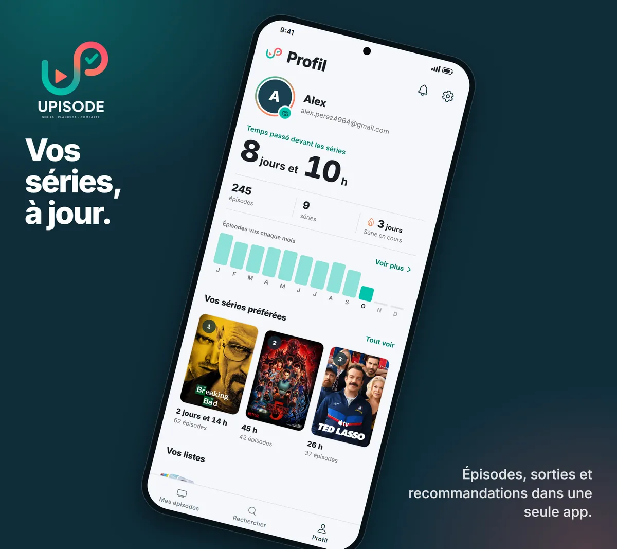 Upisode : vos séries, à jour. Épisodes, sorties et recommandations dans une seule app.