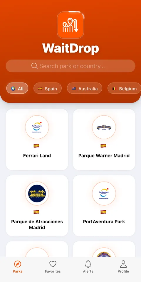 Theme park list in WaitDrop