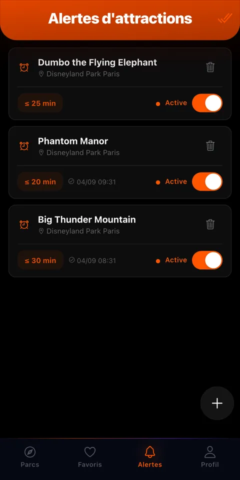 Alertes d'attente actives sur trois attractions